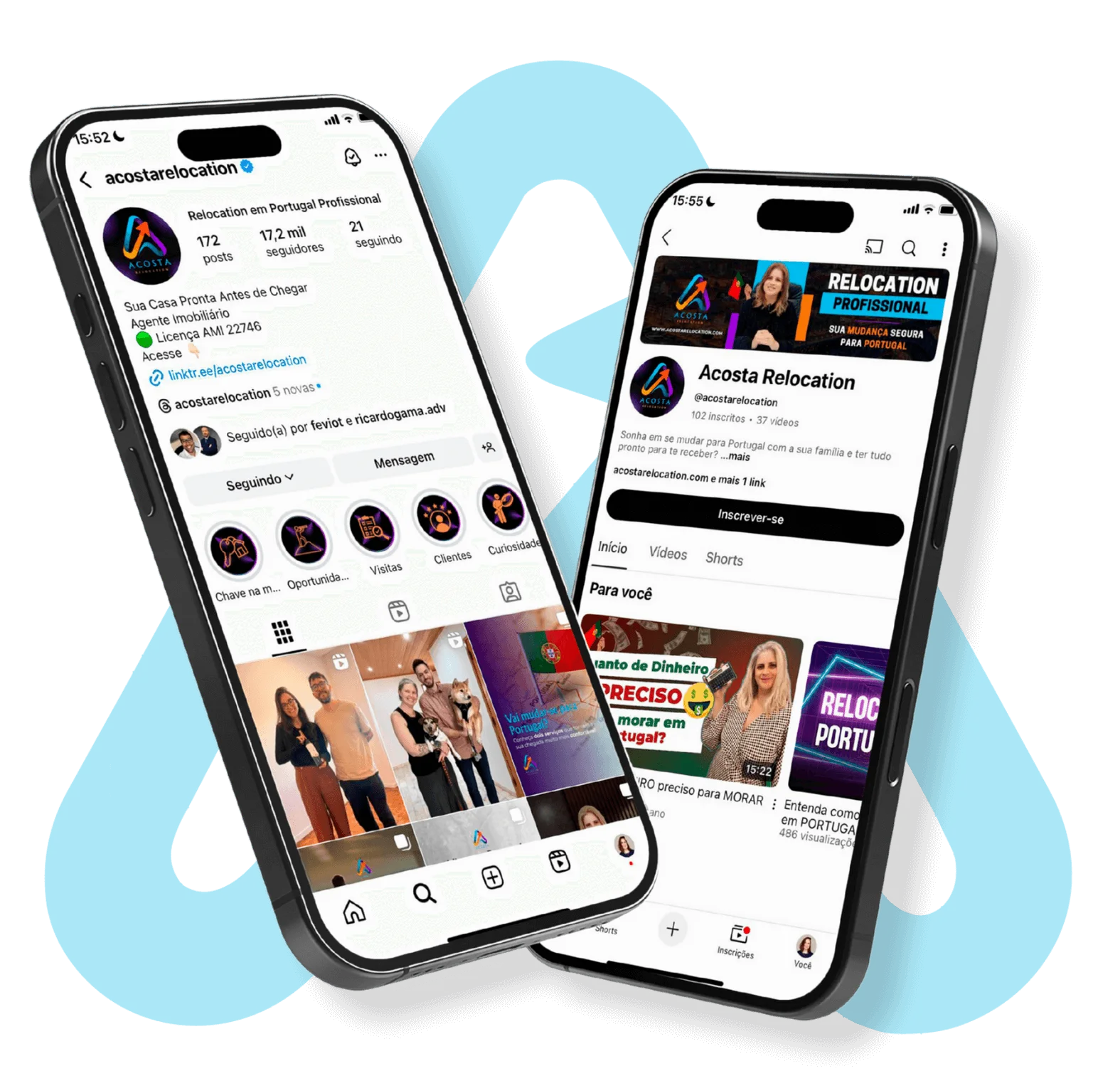 Perfis da Acosta Relocation no Instagram e YouTube, com conteúdos sobre viver em Portugal